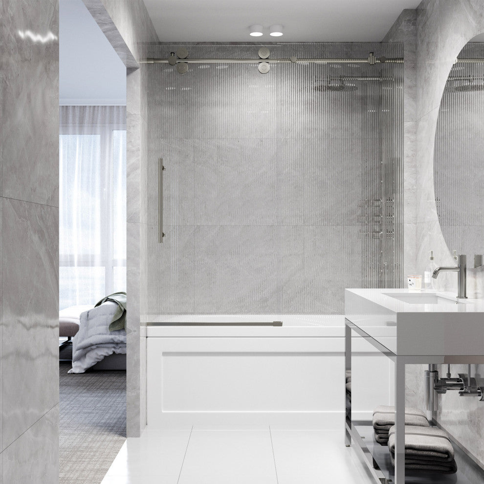 VIGO Elan 56" to 60" W x 66" H Frameless Sliding Tub Door, Stainless Steel, Fluted Glass, Left