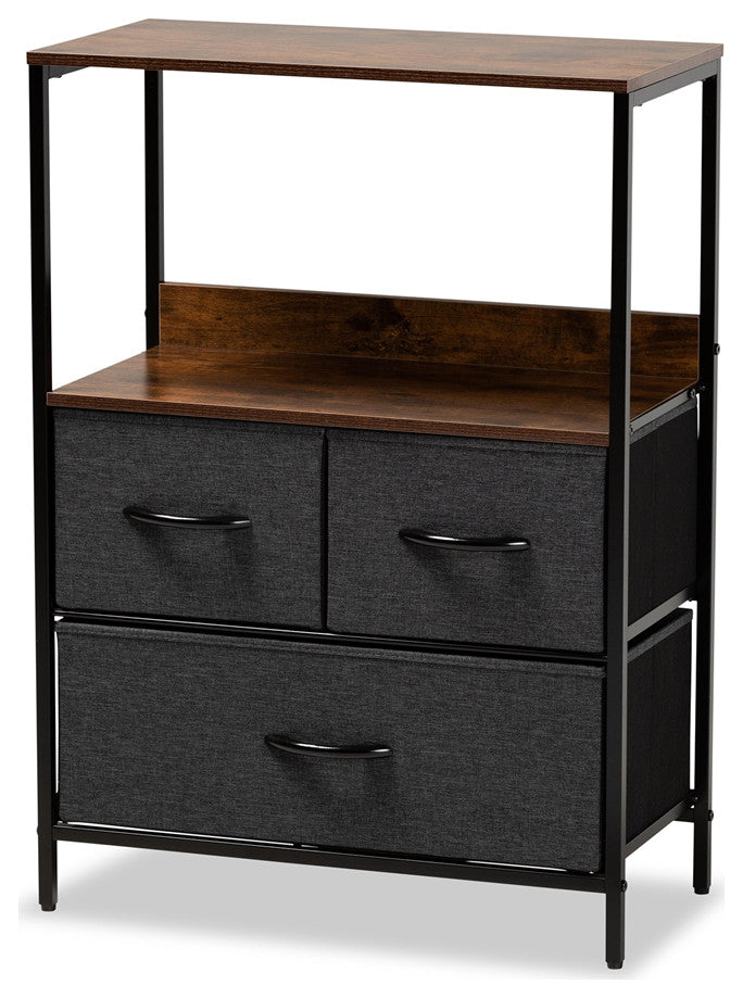 Modern Industrial Gray Fabric Walnut Brown Finished Wood 3Drawer Storage Cabinet