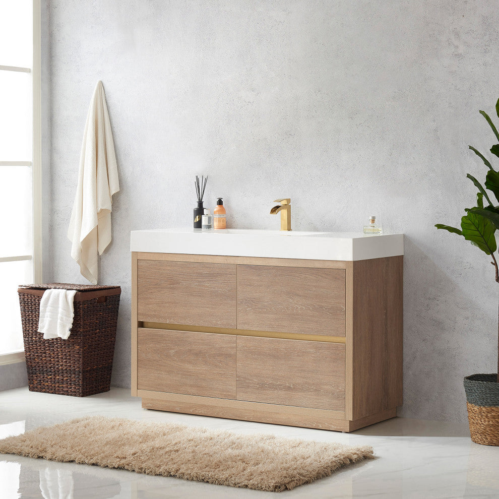 Huesca Bath Vanity, Integrated Sink Top, North American Oak, 48", Without Mirror