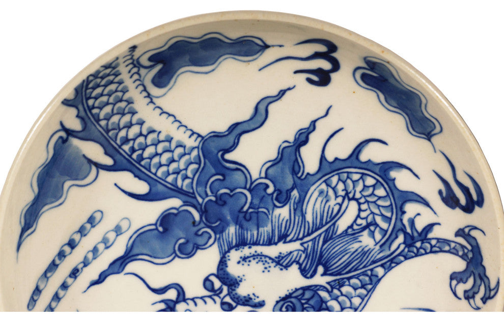 Consigned Vintage Chinese Blue and White Porcelain Dragon Plate