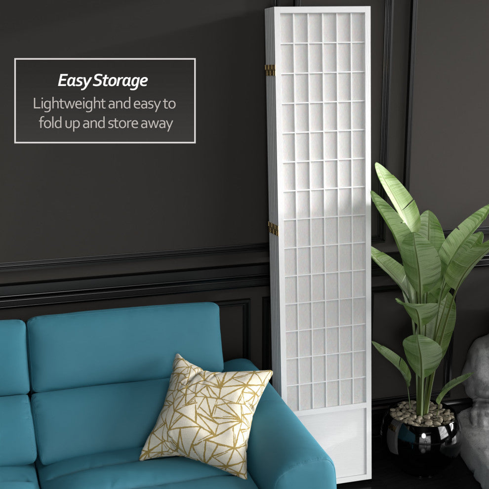 7' Tall Window Pane Shoji Screen, White, 6 Panels