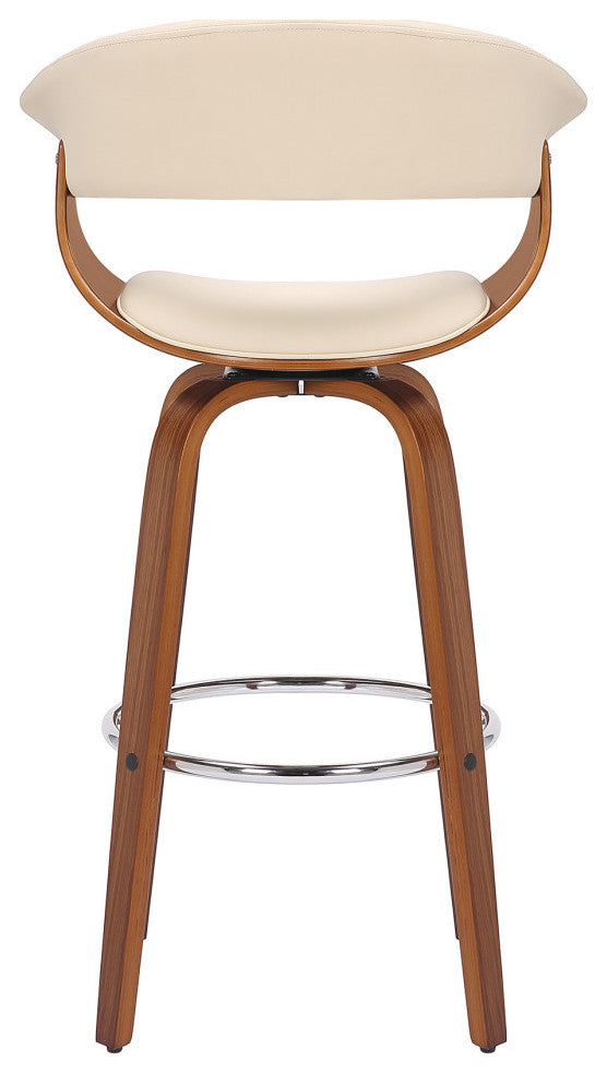 Julyssa Mid-Century Swivel Stool, Faux Leather, Cream/Walnut, Counter Height 26"
