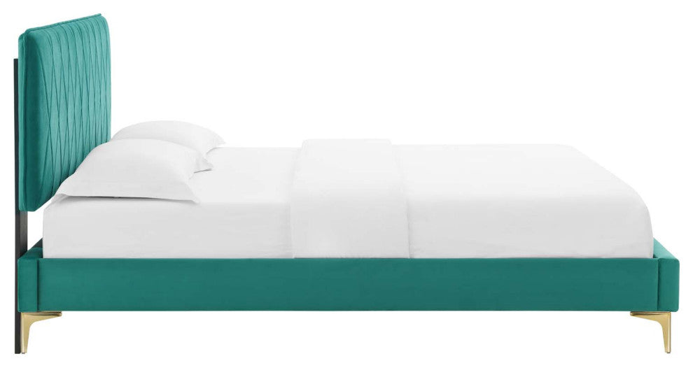 Platform Bed Frame, Queen Size, Velvet, Teal Blue, Modern Contemporary, Bedroom