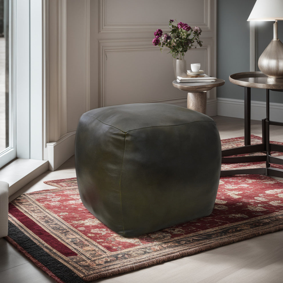 Poufs-Solid Goat Leather Pouf, Handmade (Recycled Cotton Fill), {Square} 14x14x14
