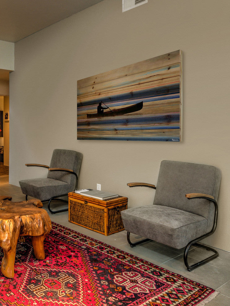 "Canoe on Calm Lake" Print on Natural Pine Wood, 36"x24"