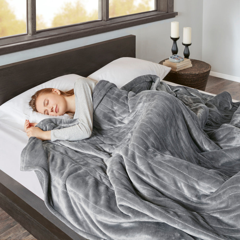 Beautyrest Solid Knitted Microlight Heated Blanket, Gray, Twin