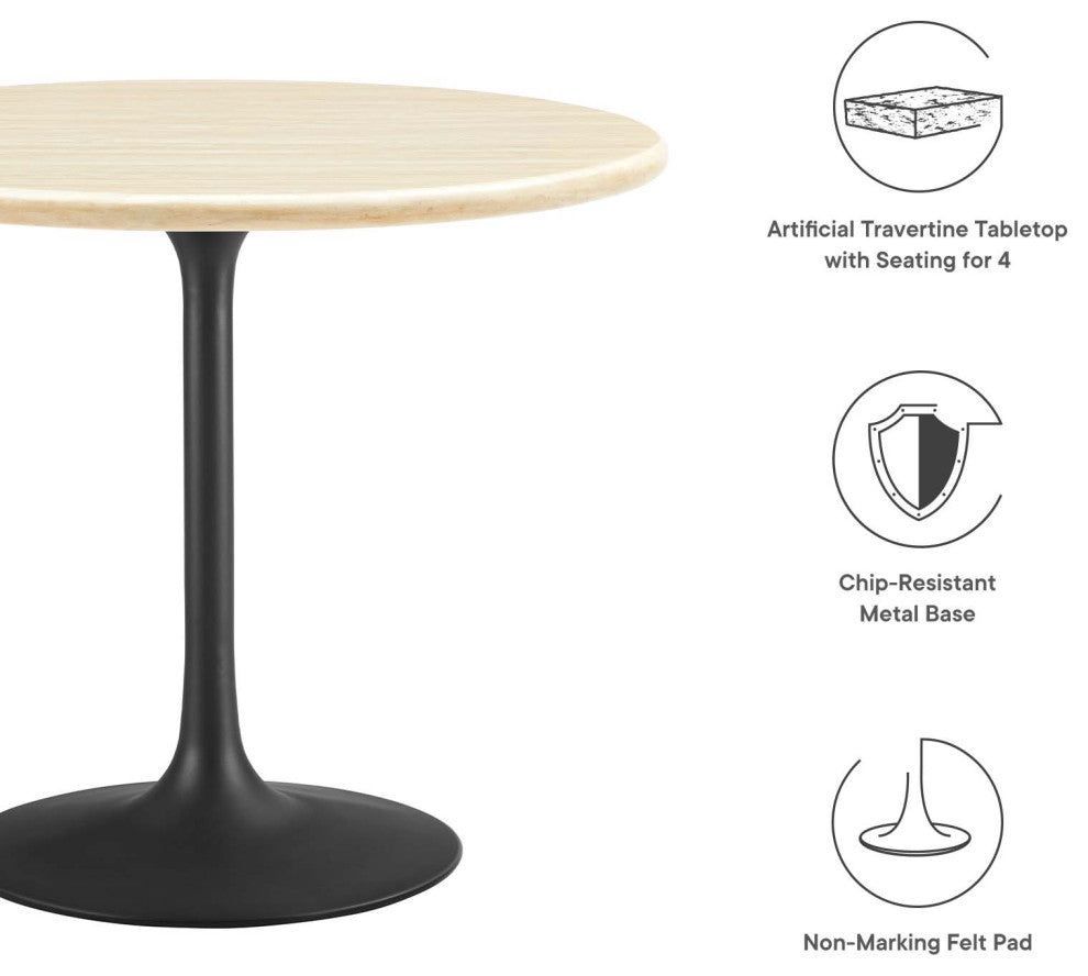 Lippa 36" Round Artificial Travertine Dining Table, Black Travertine