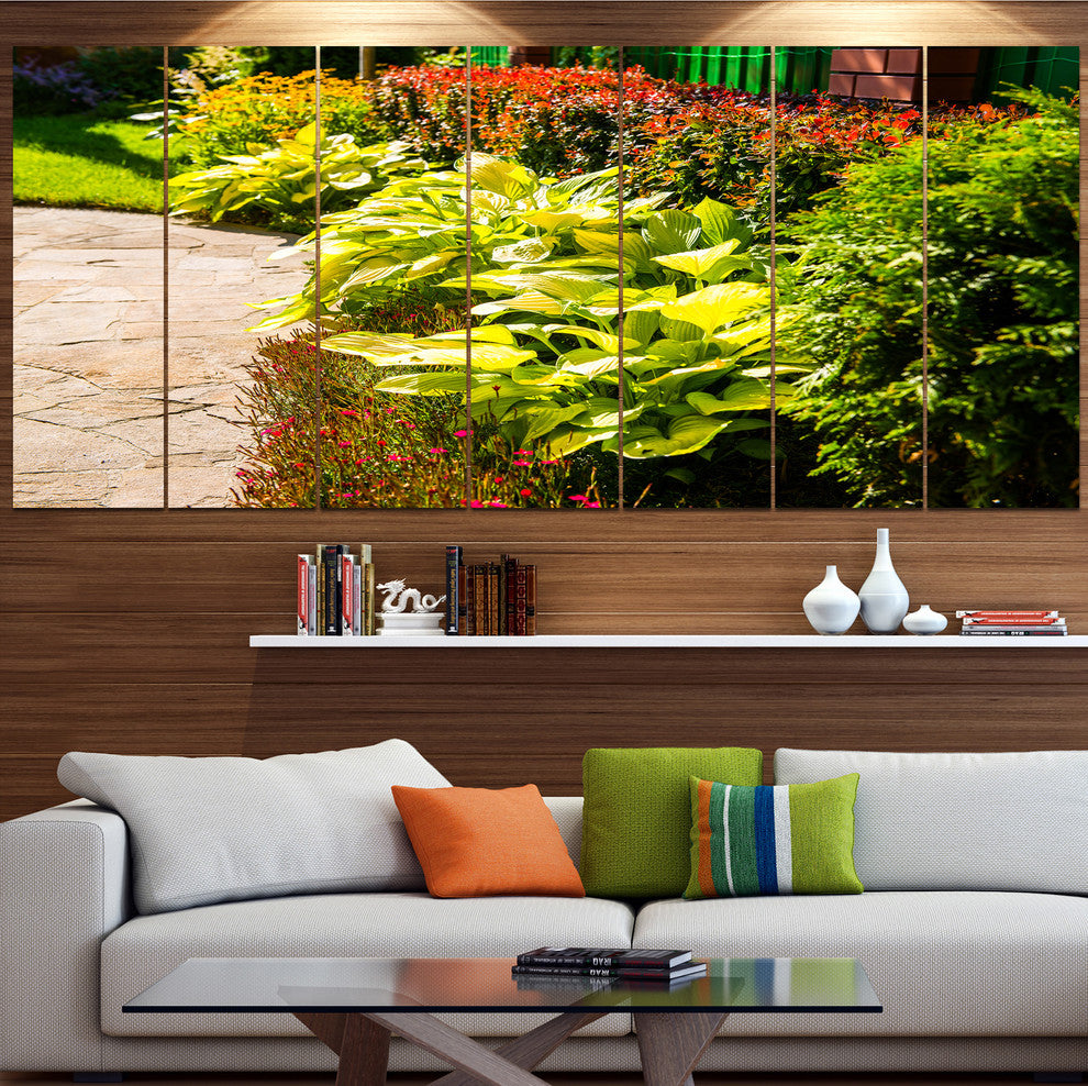 Modern Green Garden Design, Landscape Canvas Art Print, 83"x32", 7 Panels