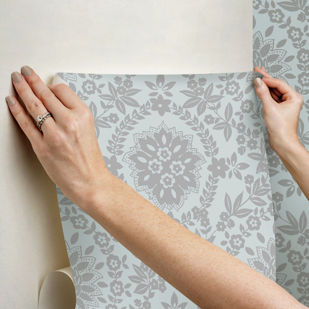 Blue & Silver Boho Baroque Damask Peel & Stick Wallpaper