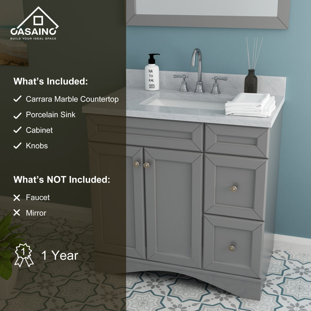 CASAINC 36" Marble Top Modern Single Sink Bathroom Vanity, Gray