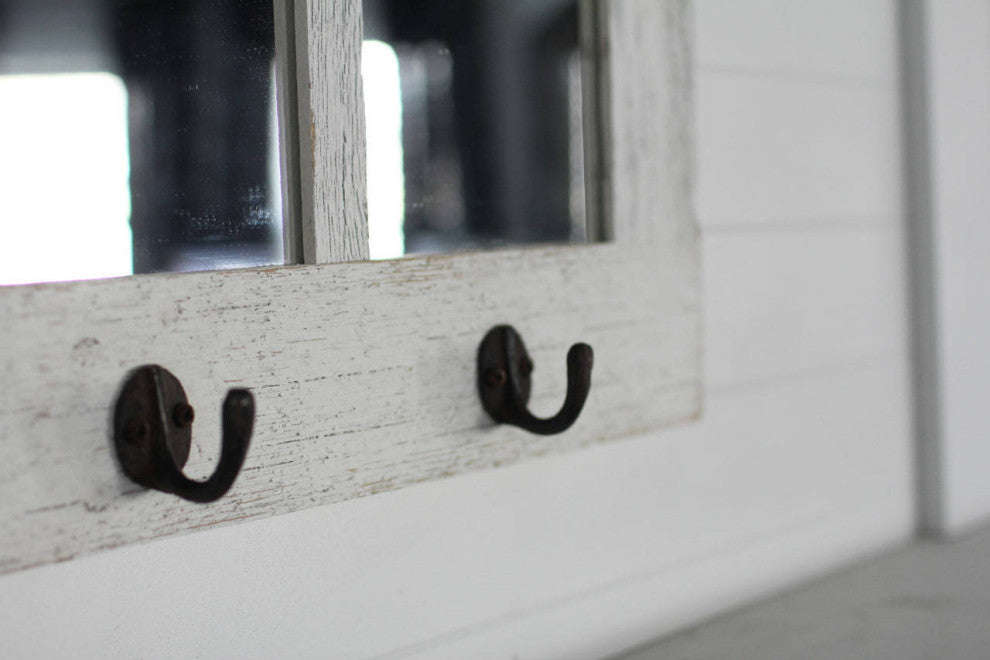 Windowpane Mirror With Coat Hangers, 10 Pane, White