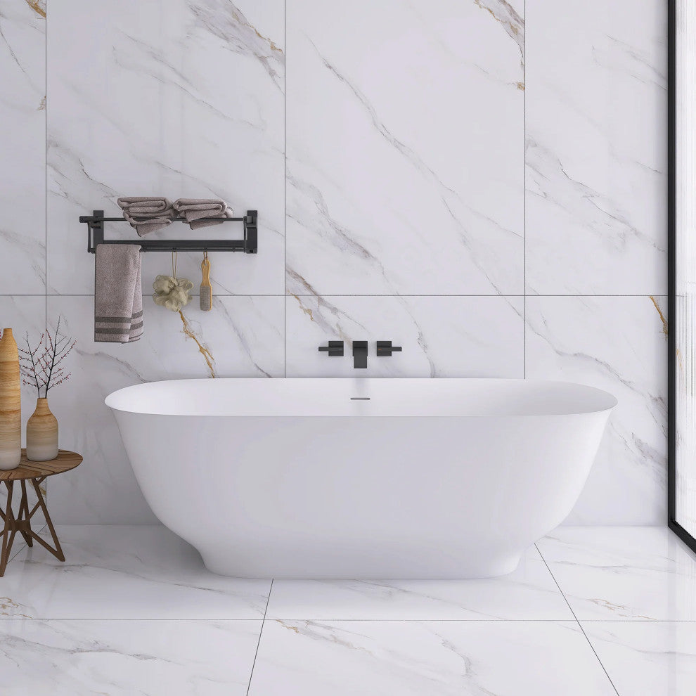67" Solid Surface Freestanding Soaking Bathtub, White
