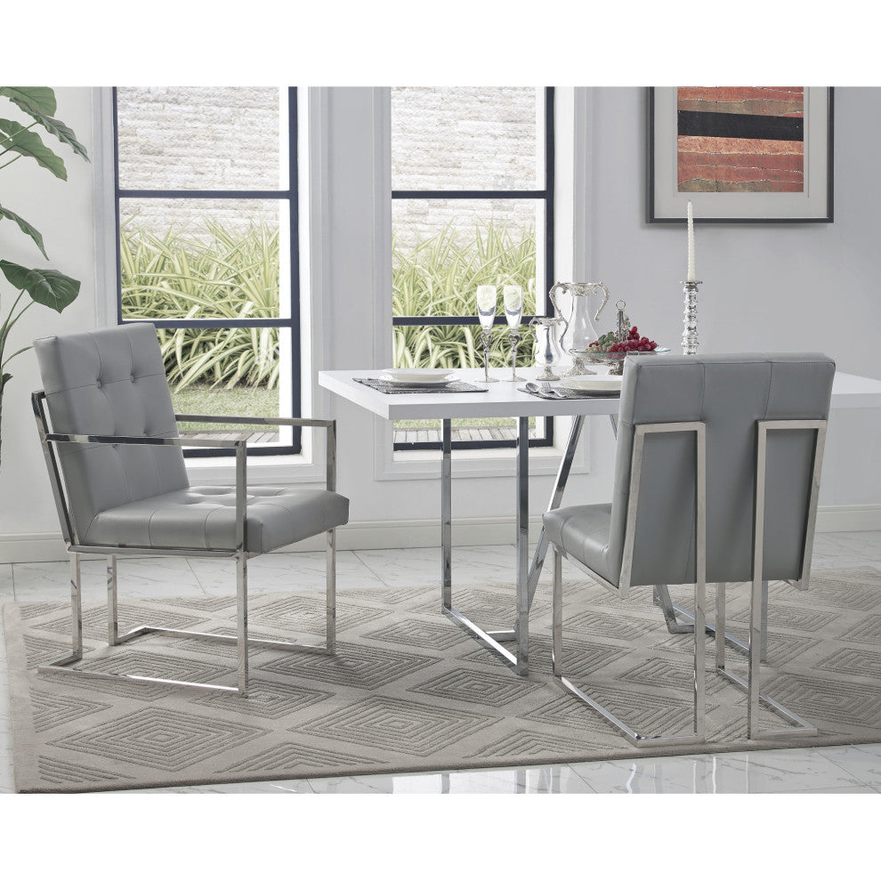 Phoebe Tufted Dining Chairs With Square Arms, Set of 2, Light Grey Pu Leather
