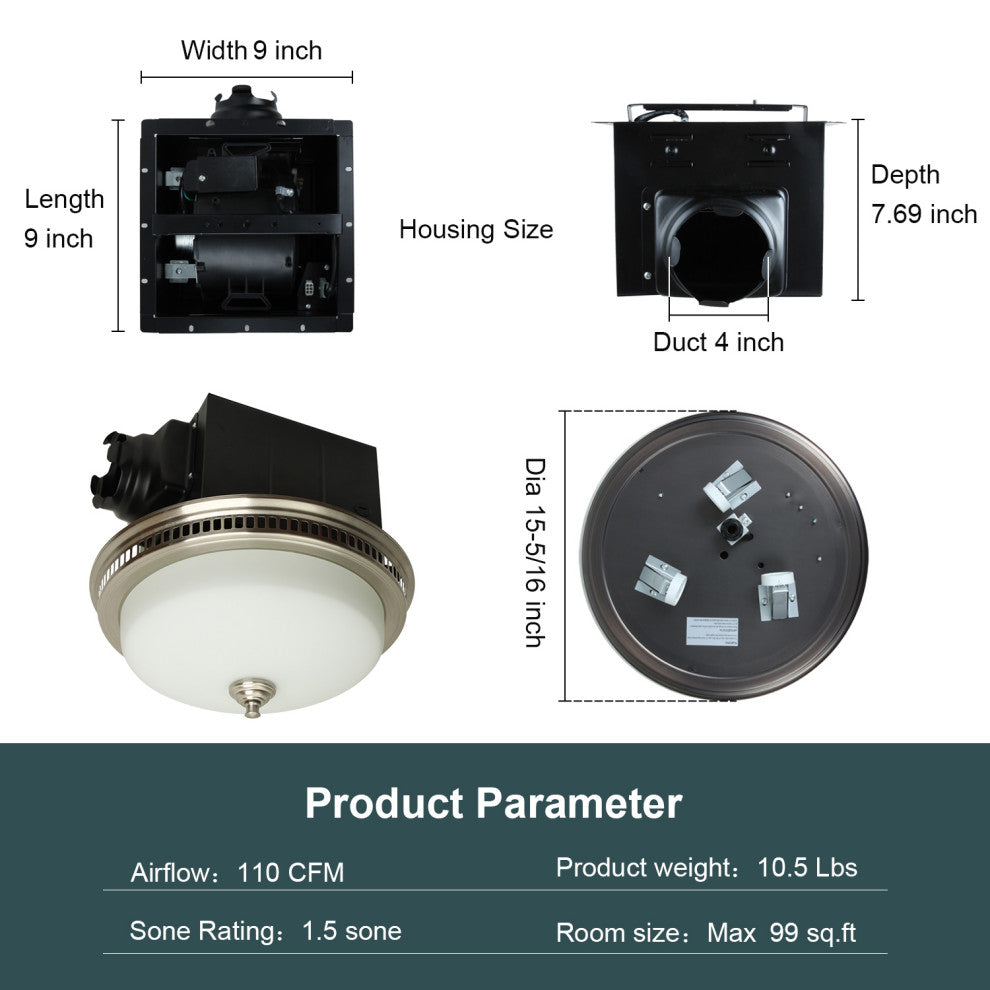 Bathroom Exhaust Fan WithLED Light and Nightlight 110CFM 1.5 Sone Brushed Nickel
