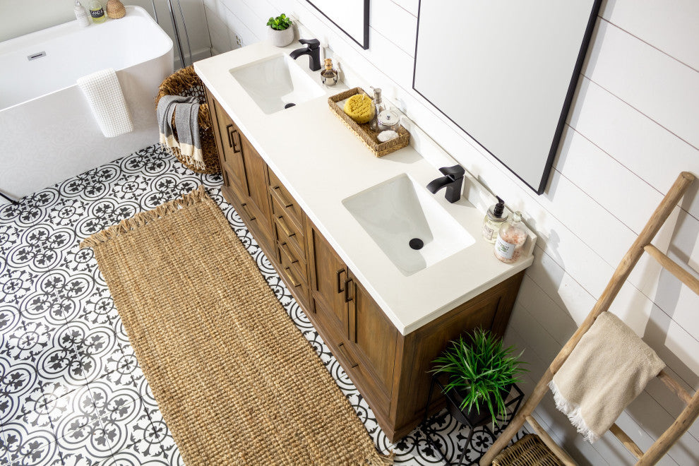Charlotte Teak 72 Double Sink Bathroom Vanity Distressed Gray 2" White Quartz