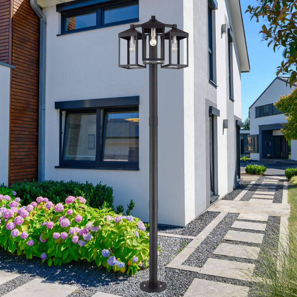 Nyack Multi Head Black Outdoor Post Light with Brushed Nickel and Clear Glass