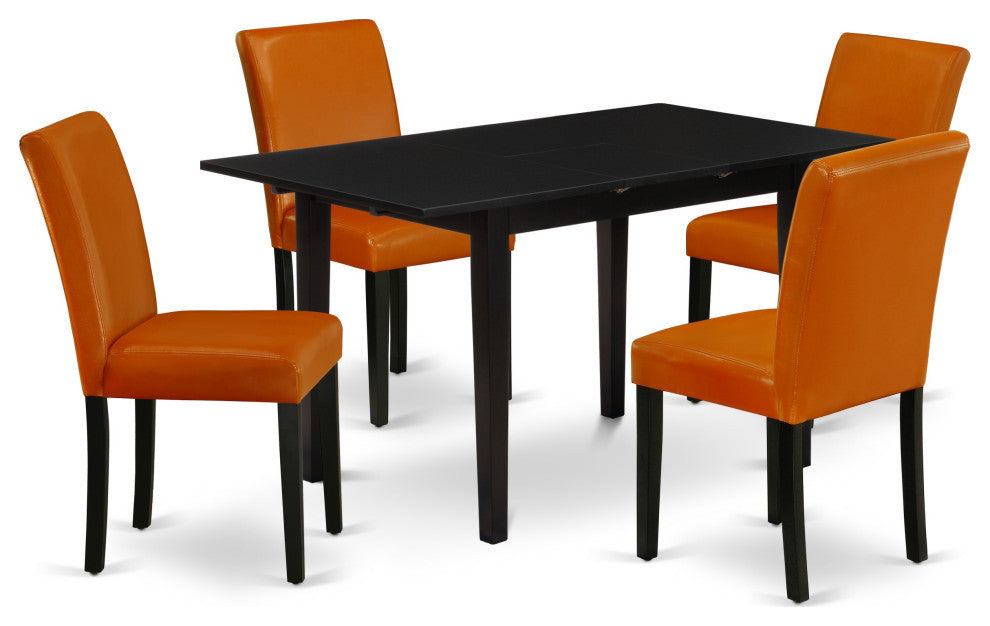 5-PieceDining Set, 4 Parson Chairs, Butterfly Leaf Wood Table, Linen White-Black