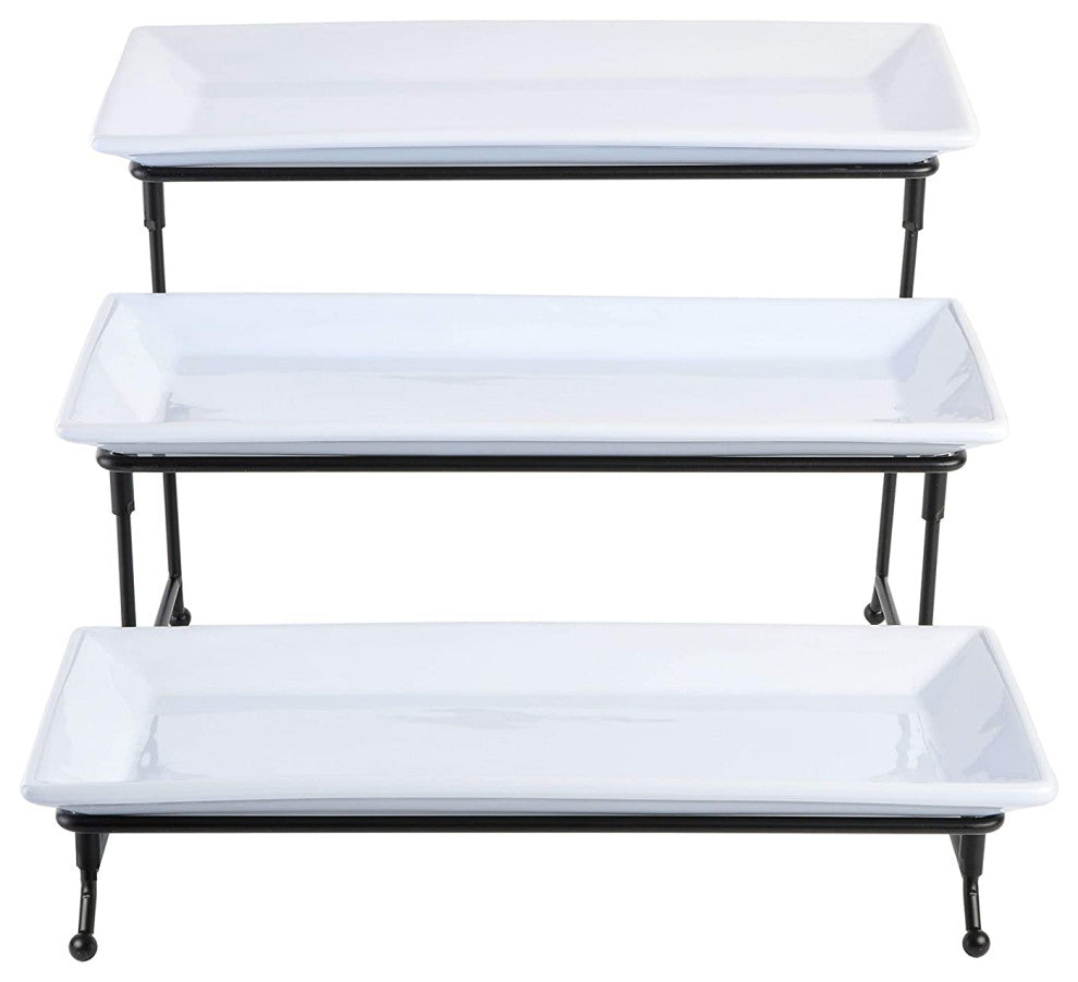 Gracious Dining Dinnerware, 3-Tier Rectangle Plate Set with Metal Stand, White