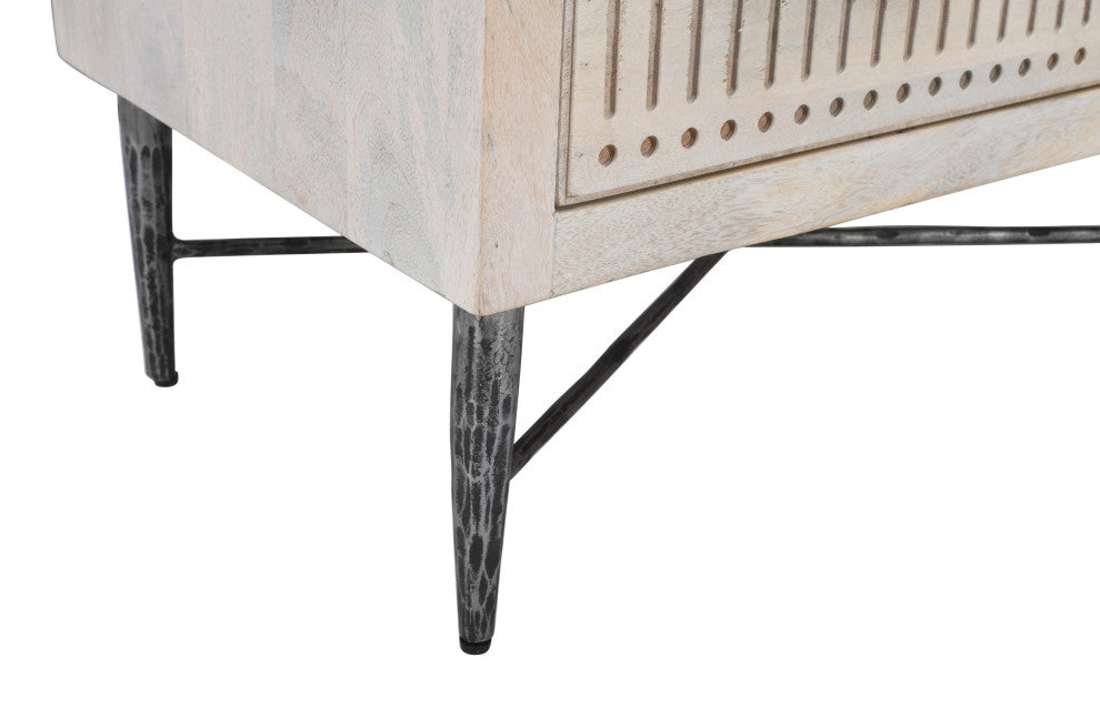 Sarah 2 Drawer Nightstand, Mango Solid Wood Brushed Ivory Finish on Iron Base