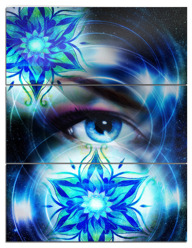 "Woman Eye With Fractal Flowers" Digital Metal Wall Art, 3 Panels, 28"x36"