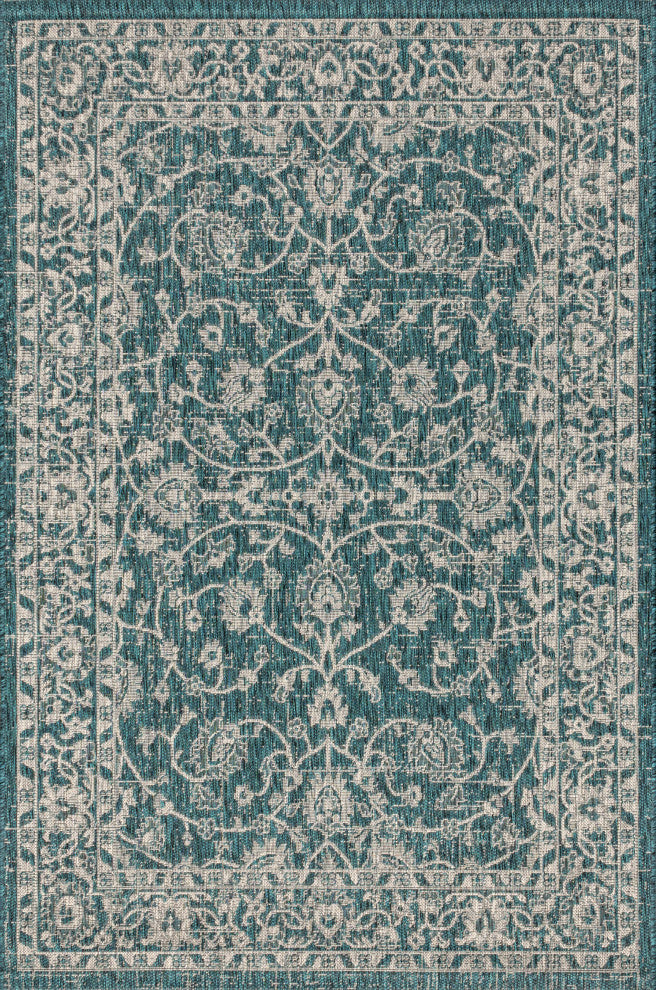Palazzo Vine and Border Textured Weave Indoor and Outdoor Area Rug, Teal and Gra
