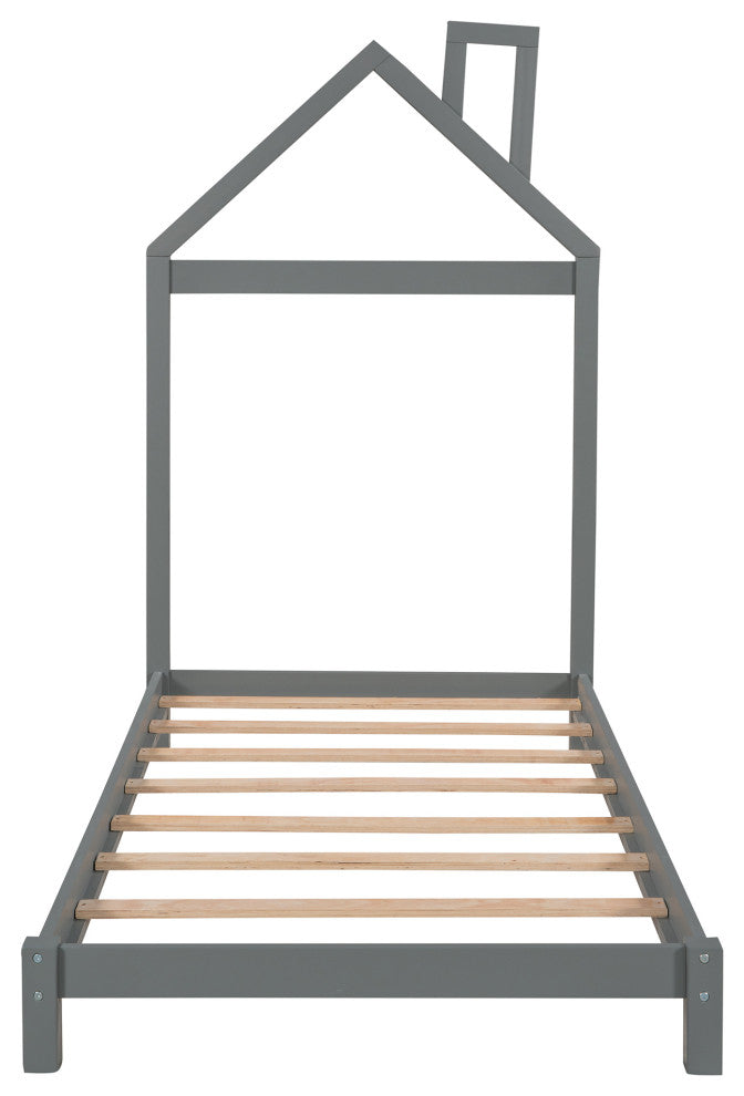 Gewnee  Wood Twin Platform Bed with House Shaped Headboard in Gray
