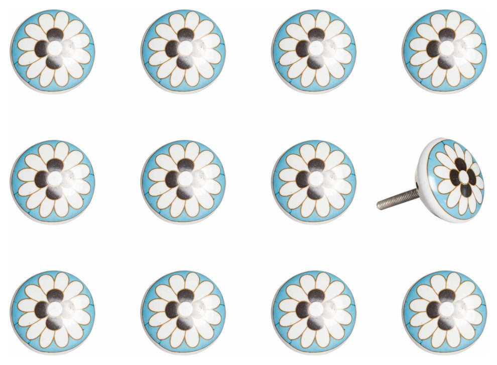 HomeRoots Floral White and Sky Blue Set of 12 Knobs