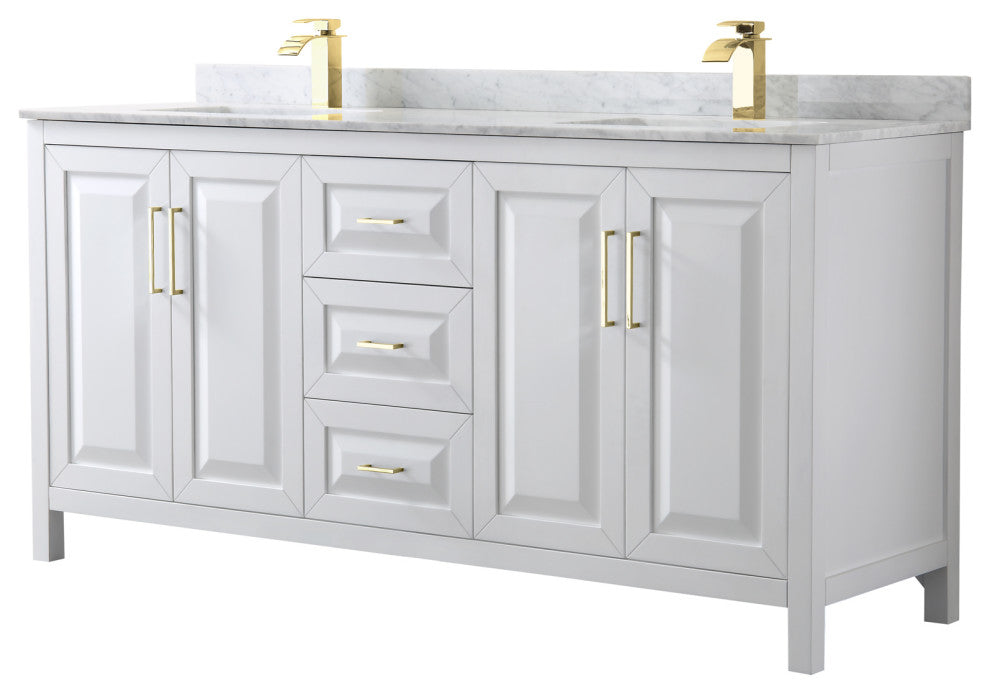 72" Double Bath Vanity, White, White Carrara Countertop, Sinks, Gold Trim