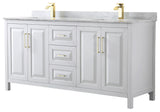 72" Double Bath Vanity, White, White Carrara Countertop, Sinks, Gold Trim