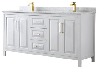 72" Double Bath Vanity, White, White Carrara Countertop, Sinks, Gold Trim