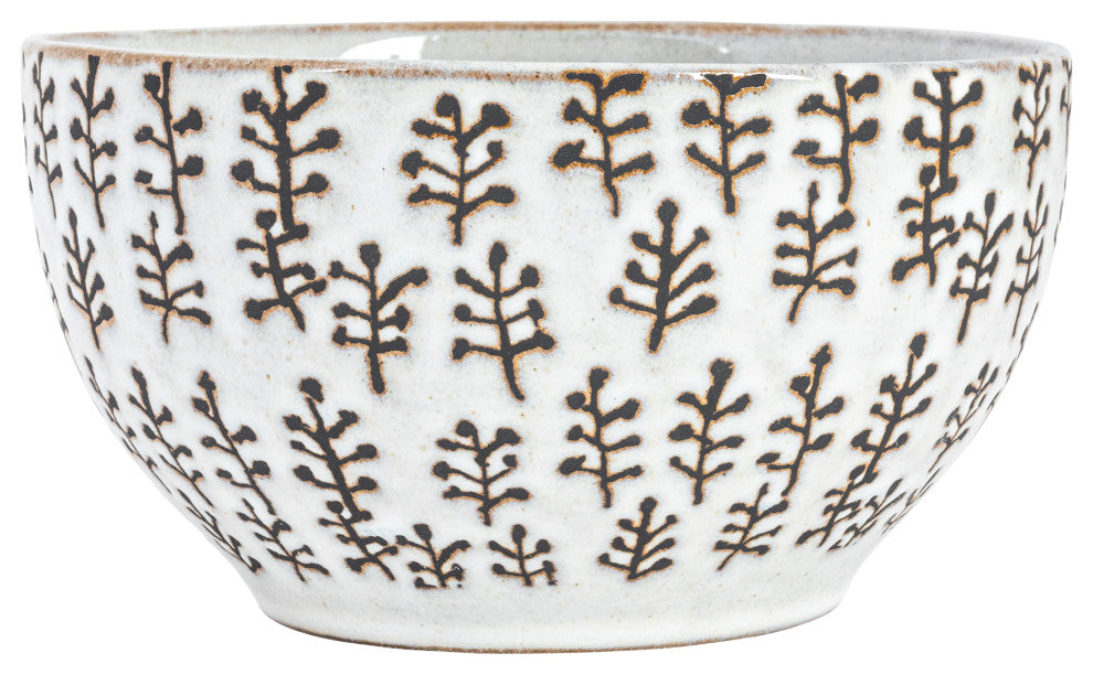 5" Round Stoneware Bowl Dinnerware Set, 4 Various Wax Patterns, Cream, Set of 12