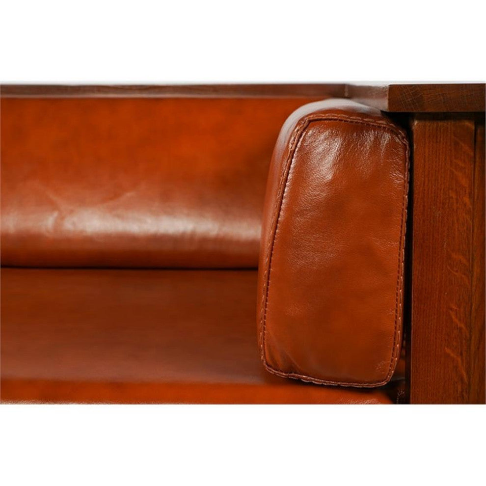 Arts and Crafts / Craftsman Cubic Slat Side Love Seat - Russet Brown Leather (RB