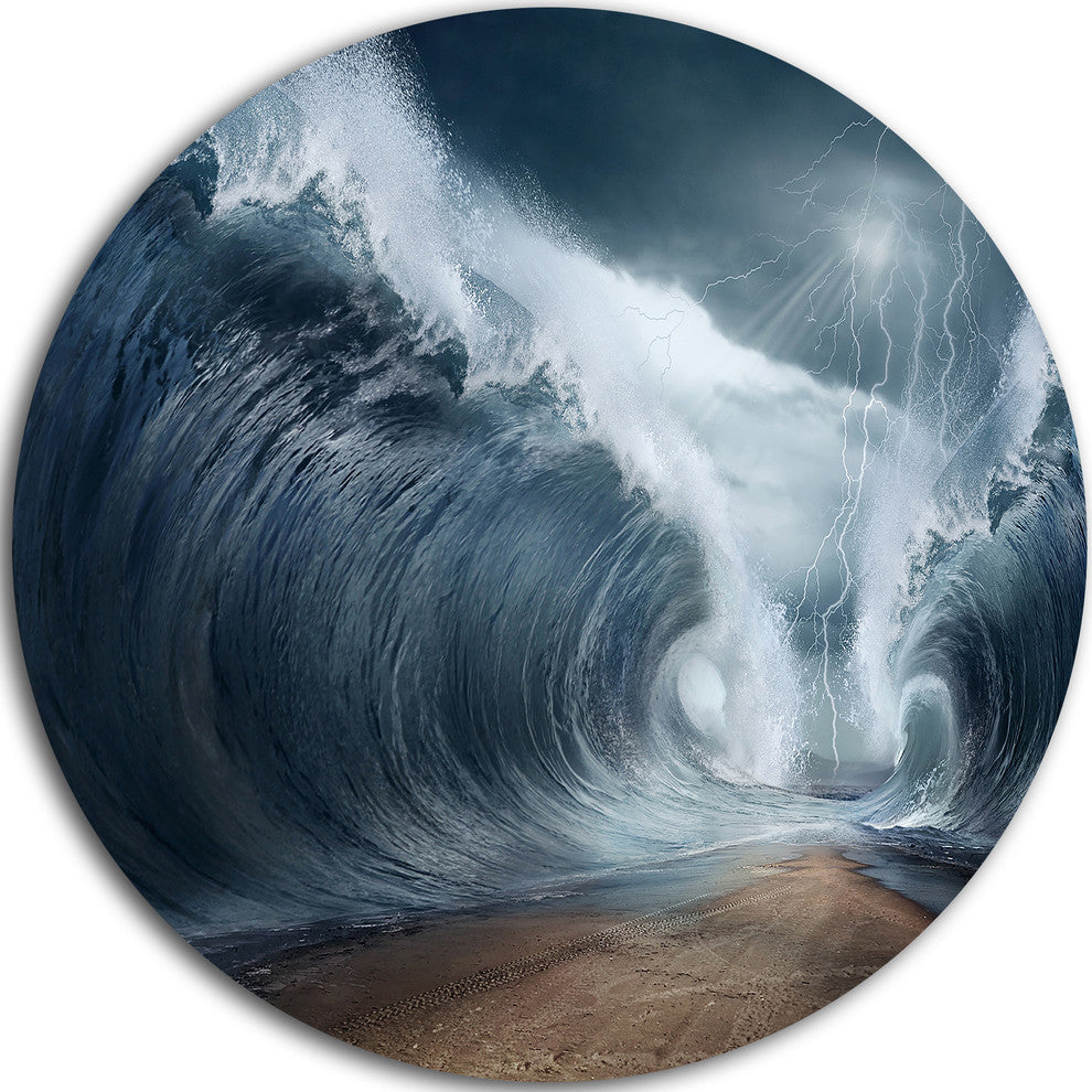 Waves Over The Parted Sea Path, Seashore Round Metal Wall Art, 11"