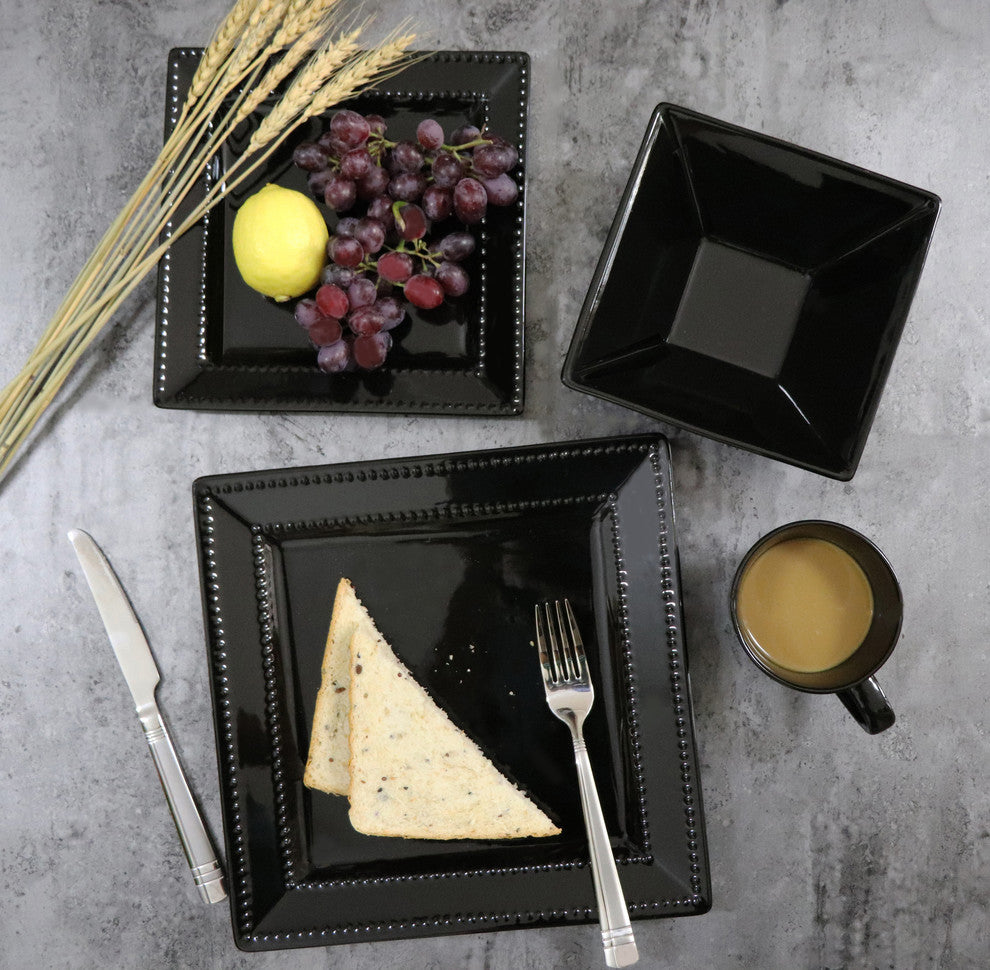 16 Piece Square Beaded Stoneware Dinnerware set by Lorren Home Trends, Black