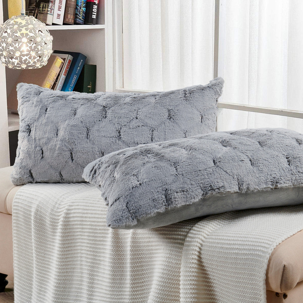Jacquard Rabbit Faux Fur Pillow Cover 2 Piece Set, Silver Grey, 14" X 26"