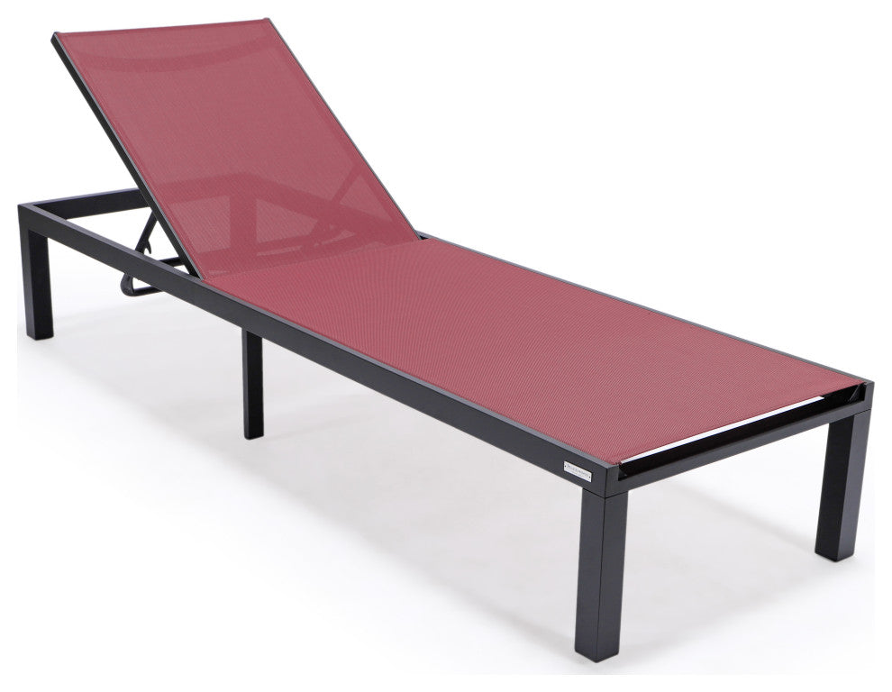 LeisureMod Marlin Black Patio Chaise Lounge Chair with Fire Pit Table, Burgundy