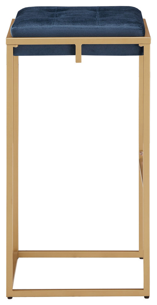 Jasper Gold Finish Velvet Button Tufted Stools, Set of 2, Blue, Bar Height