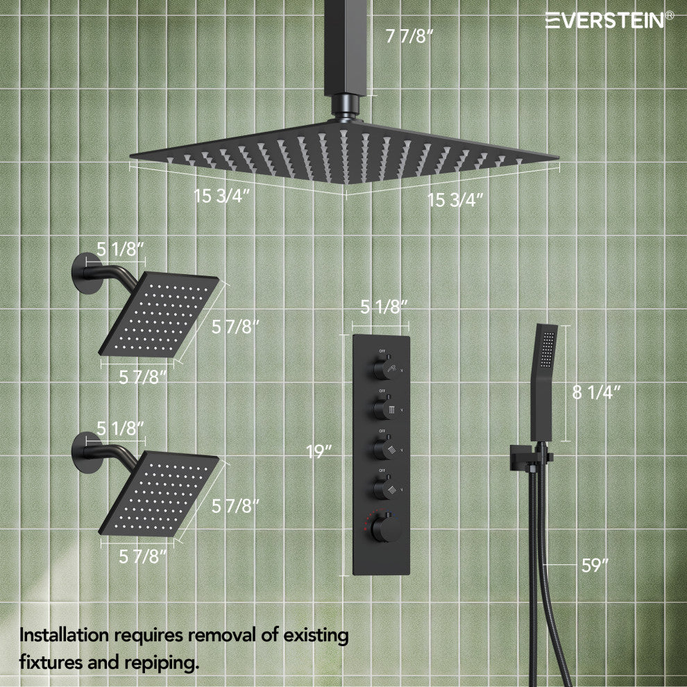 Triple Shower System 16" Rainfall Dual Shower Head with Thermostatic Valve, Matte Black