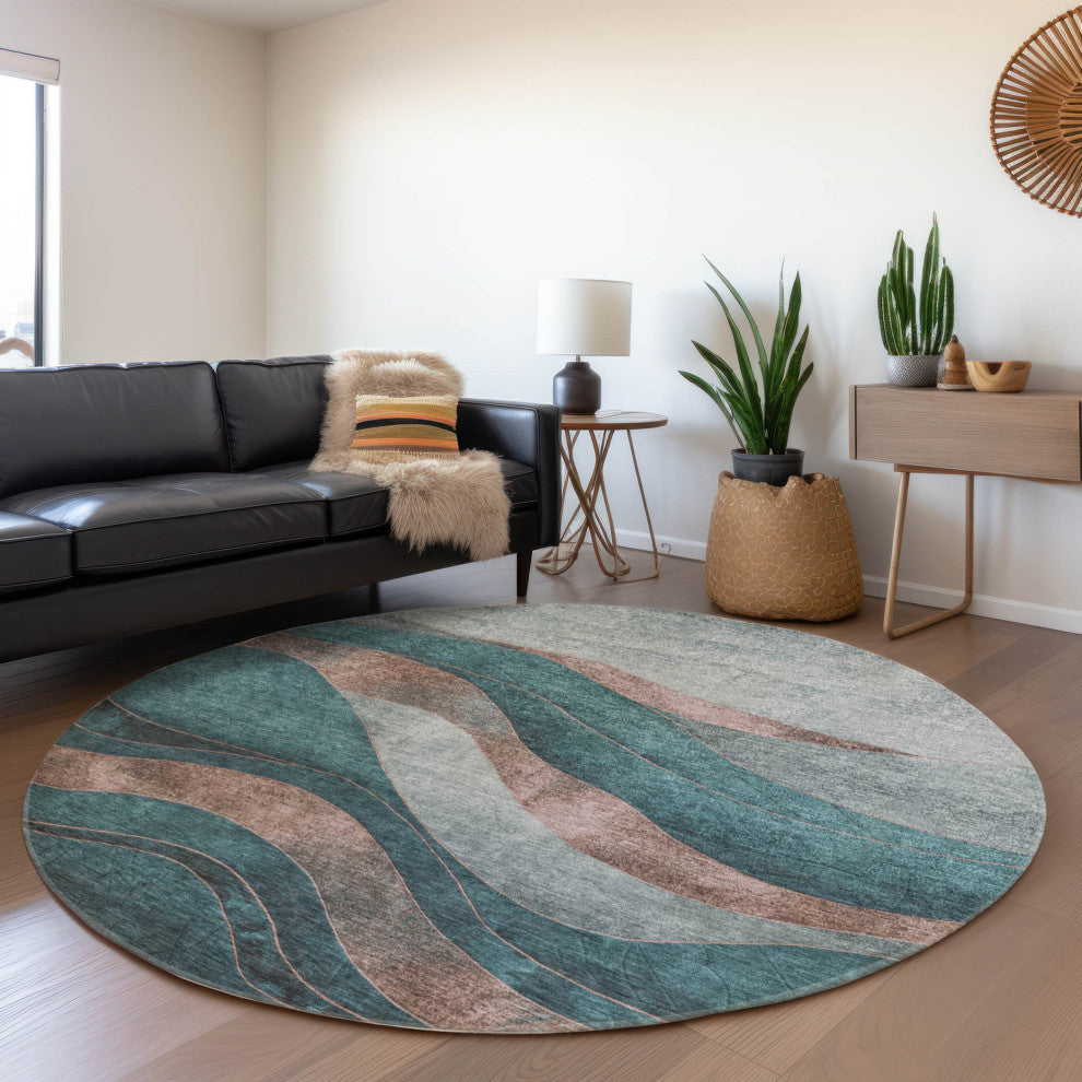 Machine Washable Indoor/Outdoor Chantille ACN1892 Teal 8' x 8' Round Rug