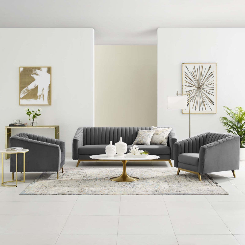 Tufted Armchair and Sofa Set, Velvet, Gray, Modern, Lounge Hospitality
