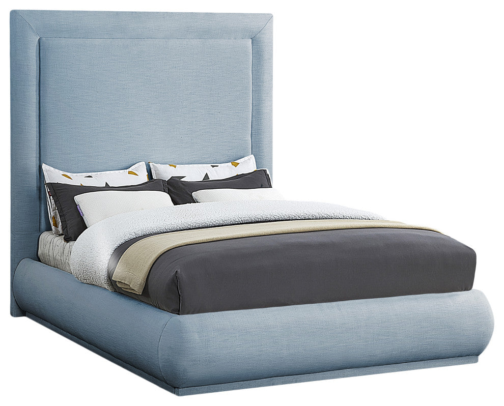 Brooke Linen Textured Fabric Upholstered Bed, Sky Blue, Queen