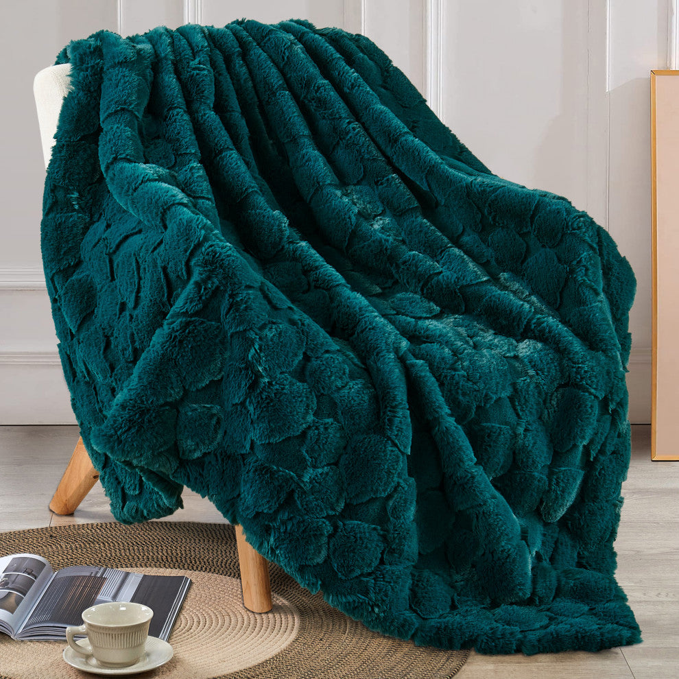 Cloud Carved Faux Fur Throw Blanket, Teal