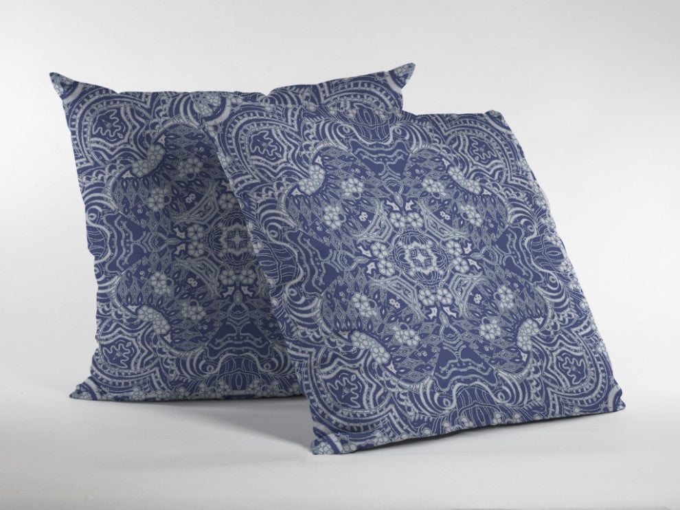 20" Indigo White Boho Ornate Suede Throw Pillow