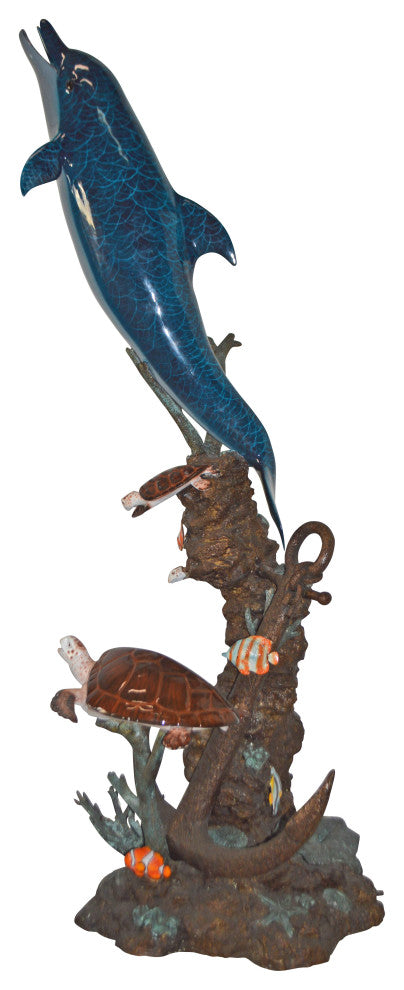 Dolphin and Three Turtles Fountain Bronze Statue - Size: 37"L x 30"W x 80"H.