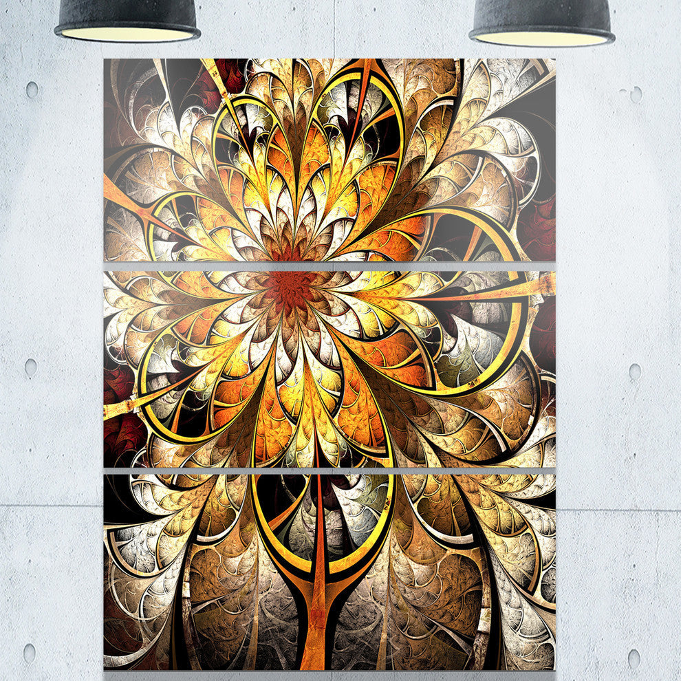 "Fractal Flower Dark Yellow" Digital Metal Wall Art, 3 Panels, 28"x36"