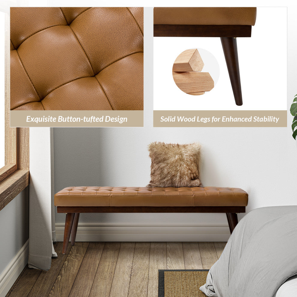 55.5"W Genuine Leather Bedroom Bench, Camel