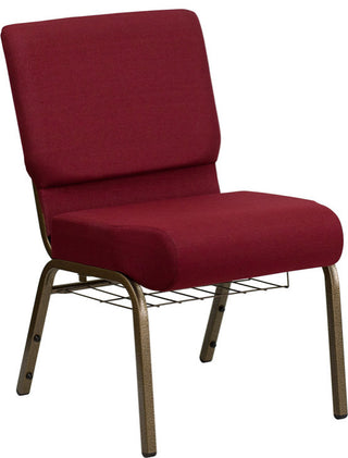 HERCULES 21'W Church Chair, Burgundy Fabric, Cup Book Rack, Gold Vein Frame
