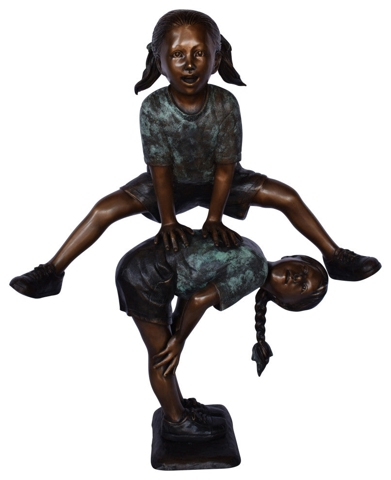 Two Girls Playing Leapfrog Jumping Bronze Statue Size: 30"L x 14"W x 34"H.