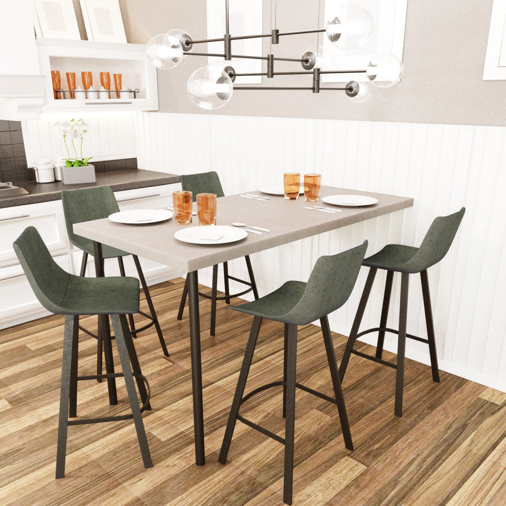 LeisureMod Elland Modern Upholstered Leather Bar Stool Iron Legs, Olive Green