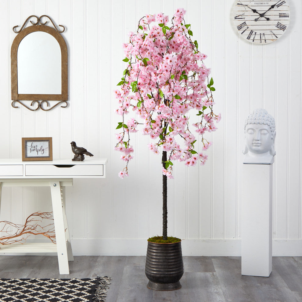 6' Cherry Blossom Artificial Tree, Ribbed Metal Planter